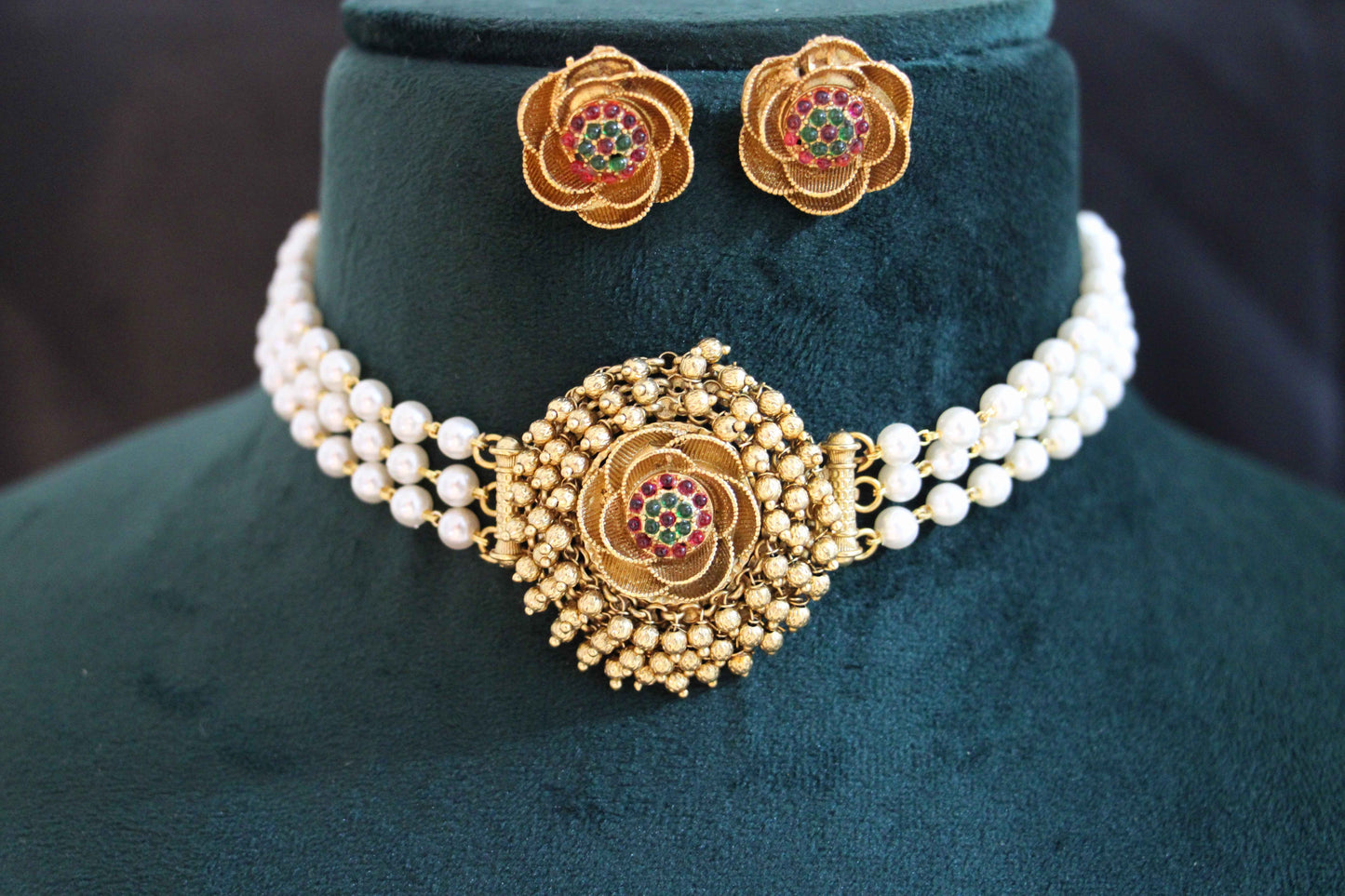 5 Line Pearl Traditional Choker | Gold Finish Necklace Set | Tangamala