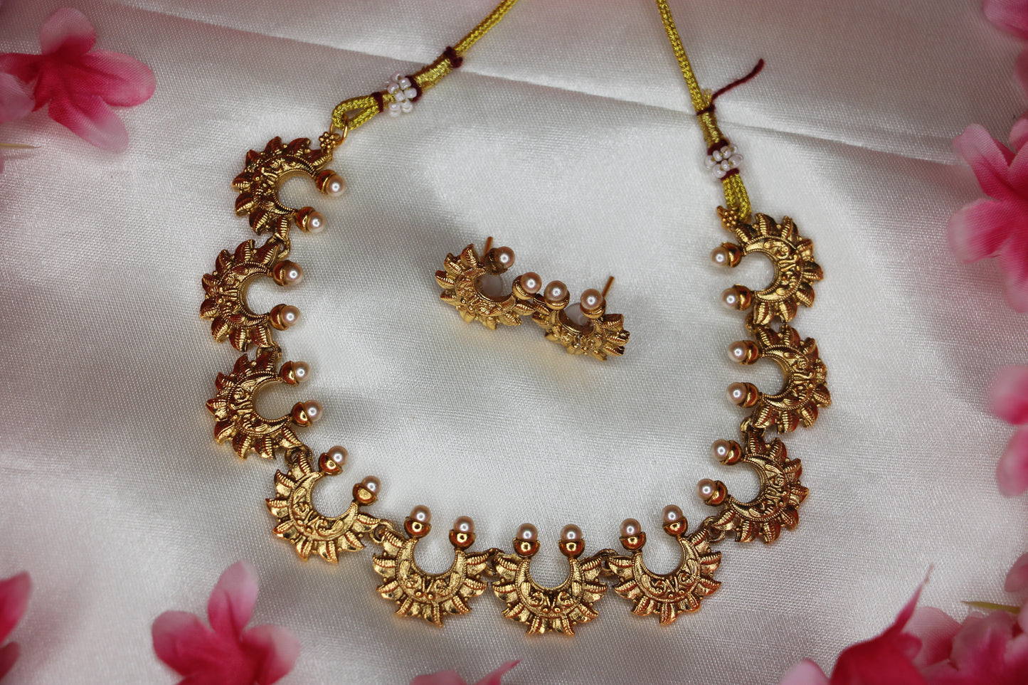 Half Moon With Pearl Necklace Set | Antique Gold | CK16 | Tangamala