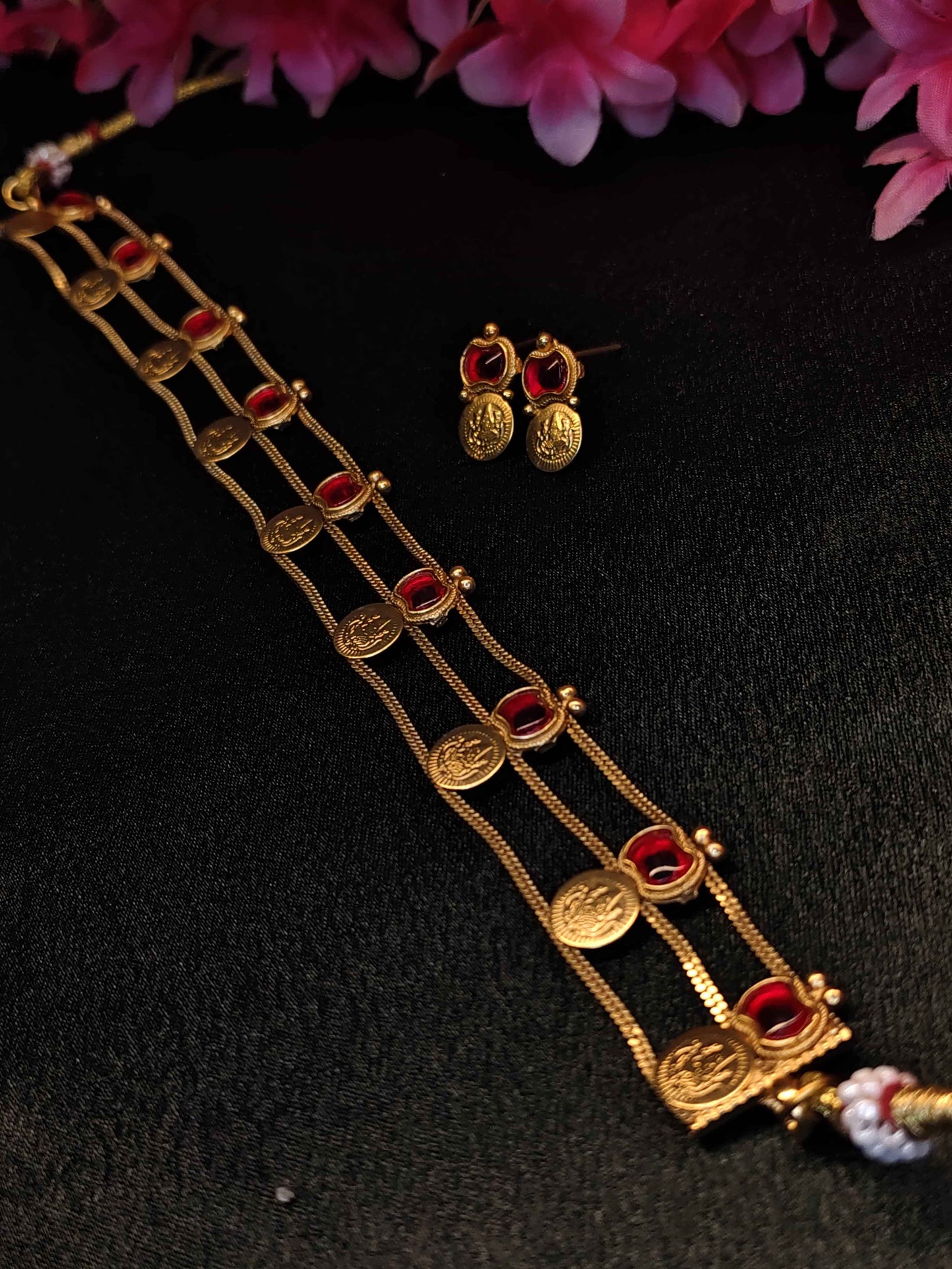 Layered Lekshmi Coin Ruby Choker with Earrings | TMCK005 | Tangamala