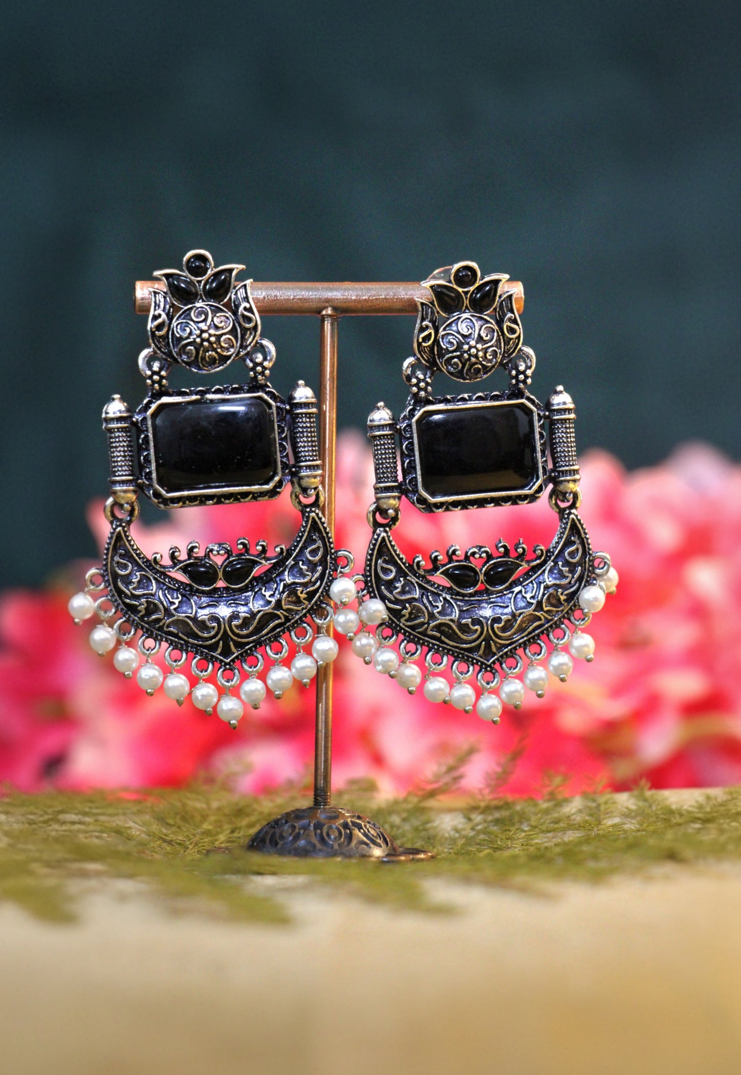 Oxidized Stone Studded Drop Earrings | OX07 | Tangamala