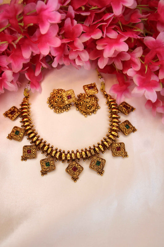 Antique Matte Neckset | Traditional Gold Jewellery Set | Tangamala