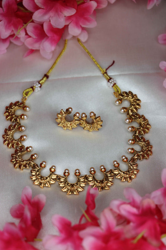 Half Moon With Pearl Necklace Set | Antique Gold Finish | Tangamala
