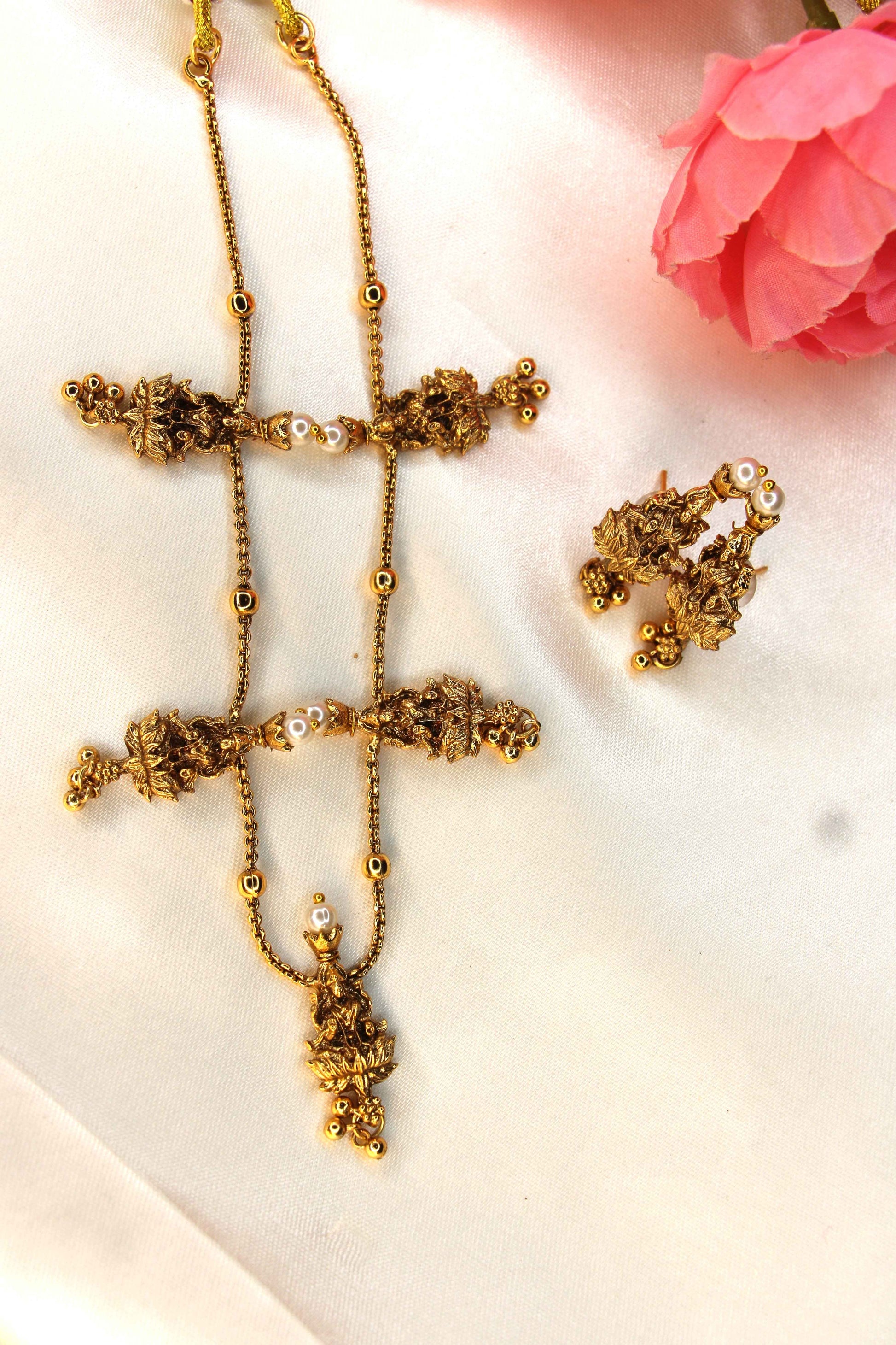 Lakshmi Pendant Necklace | Antique Gold with Pearls | Tangamala