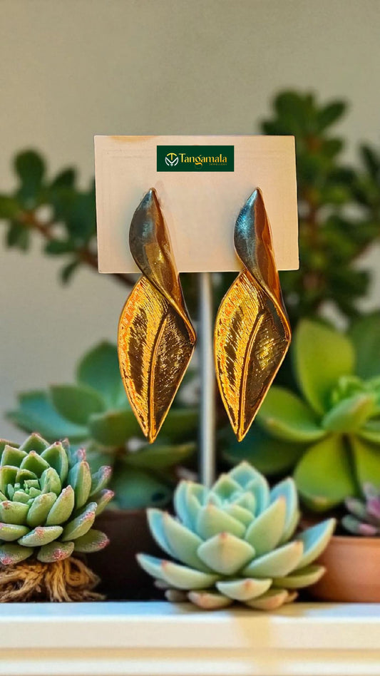 (TMAT001) Golden Folded Leaf Shape AT Earrings - Tangamala Jewellery