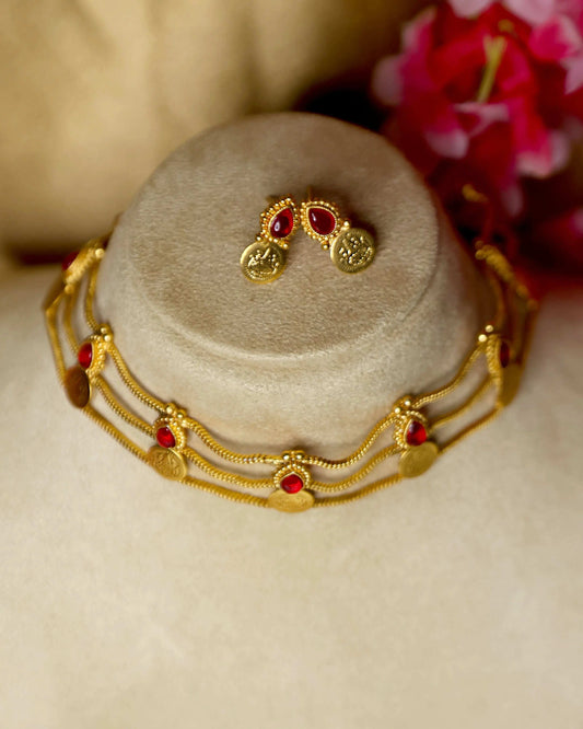 (TMCK003) Layered Lekshmi coin choker with earrings - Tangamala Jewellery
