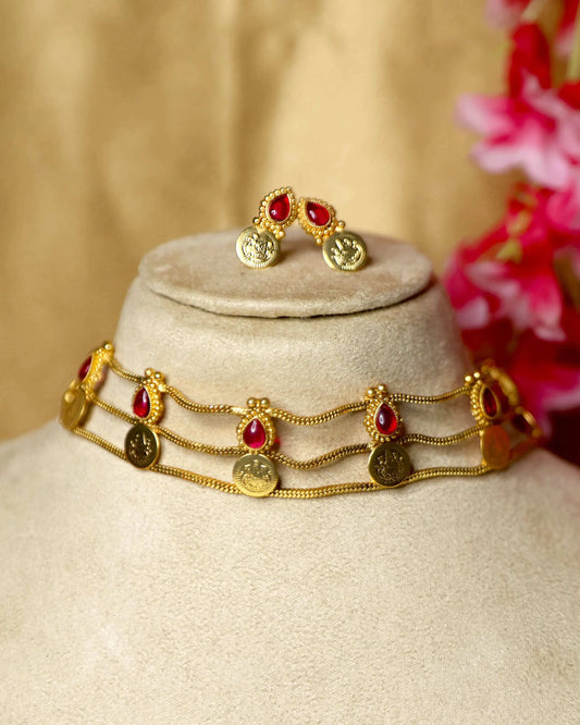 (TMCK003) Layered Lekshmi coin choker with earrings - Tangamala Jewellery