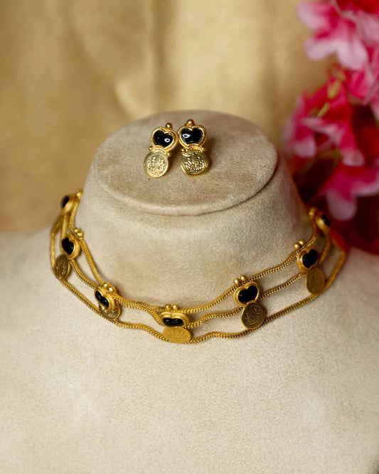 (TMCK005) Layered Lekshmi coin ruby choker with earrings - Tangamala Jewellery