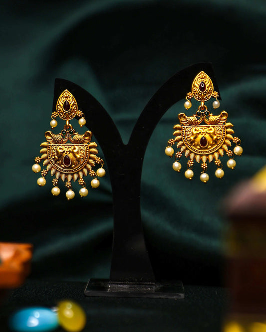 (TMHS006) Temple Earrings With Golden Hanging Beads - Tangamala Jewellery
