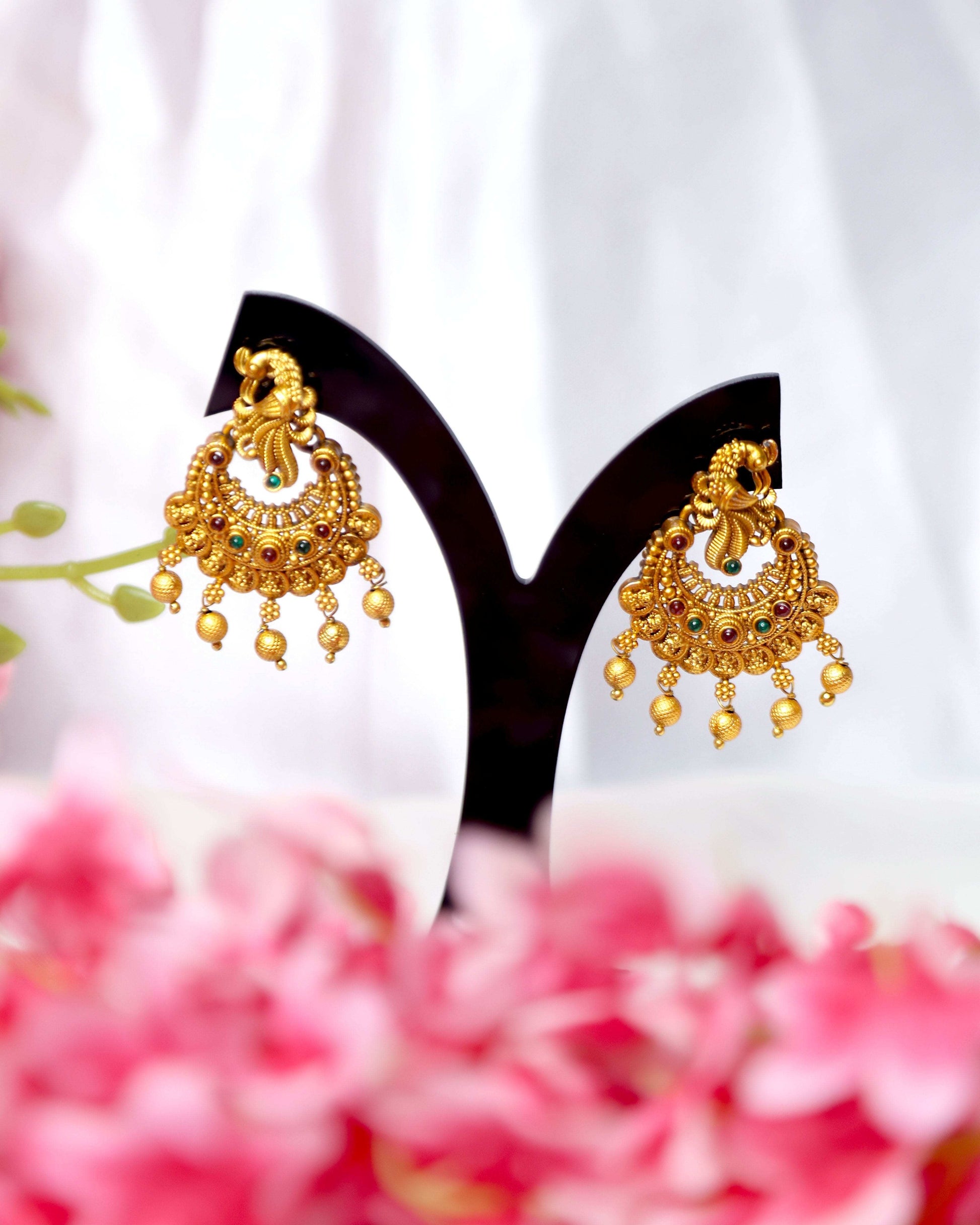 (TMHS009) Antique Ramleela Earrings With Golden Hanging Beads - Tangamala Jewellery