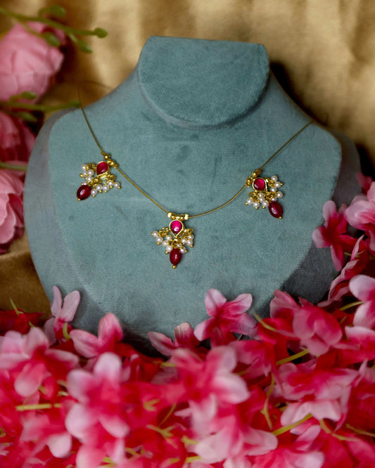(TMIC002) Invisible Ruby Pink with pearl beads Chain set - Tangamala Jewellery