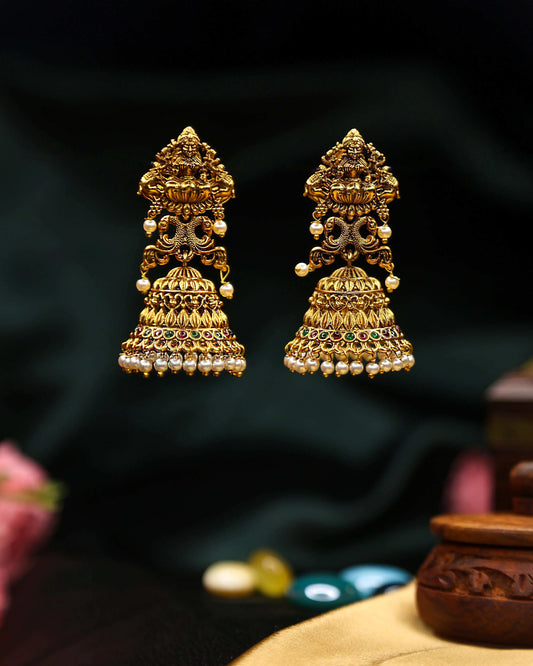 (TMJK002) Premium Antique Lekshmi Jhumka White beads - Tangamala Jewellery