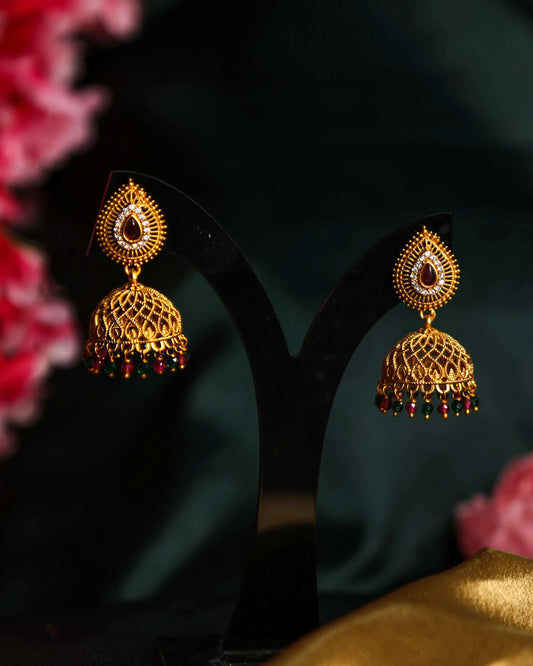 (TMJK004) Gold Plated Jhumka With Stones - Tangamala Jewellery
