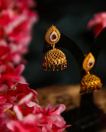 (TMJK004) Gold Plated Jhumka With Stones - Tangamala Jewellery