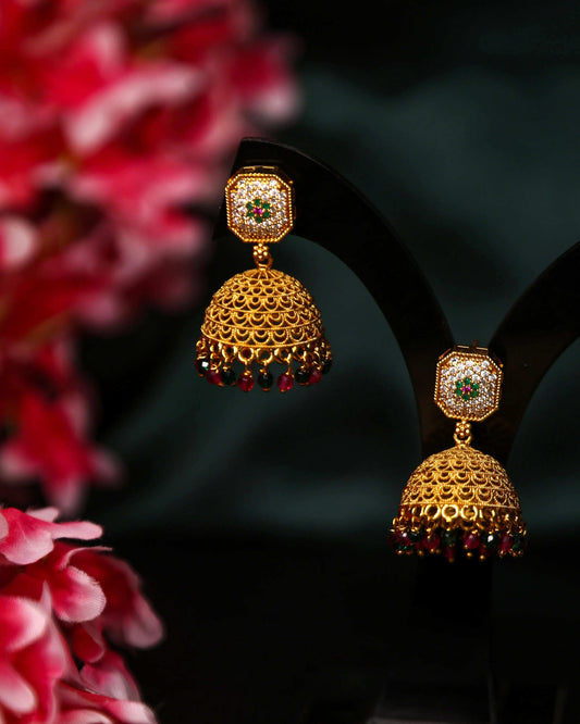 (TMJK005) Gold Plated Jhumka with Stones - Tangamala Jewellery