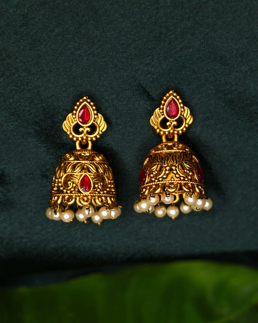 (TMJK012) Matte Finish Temple Earring With Stones - Tangamala Jewellery