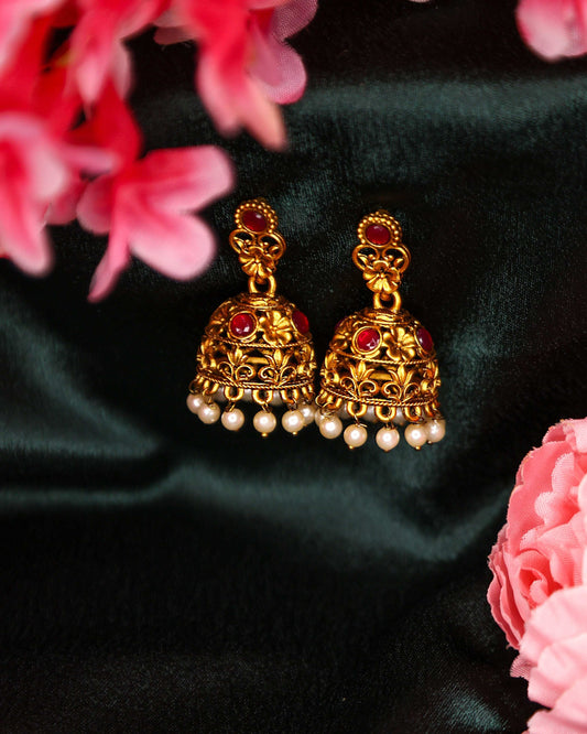 (TMJK014) Matte Finish Temple Earring With Stones - Tangamala Jewellery