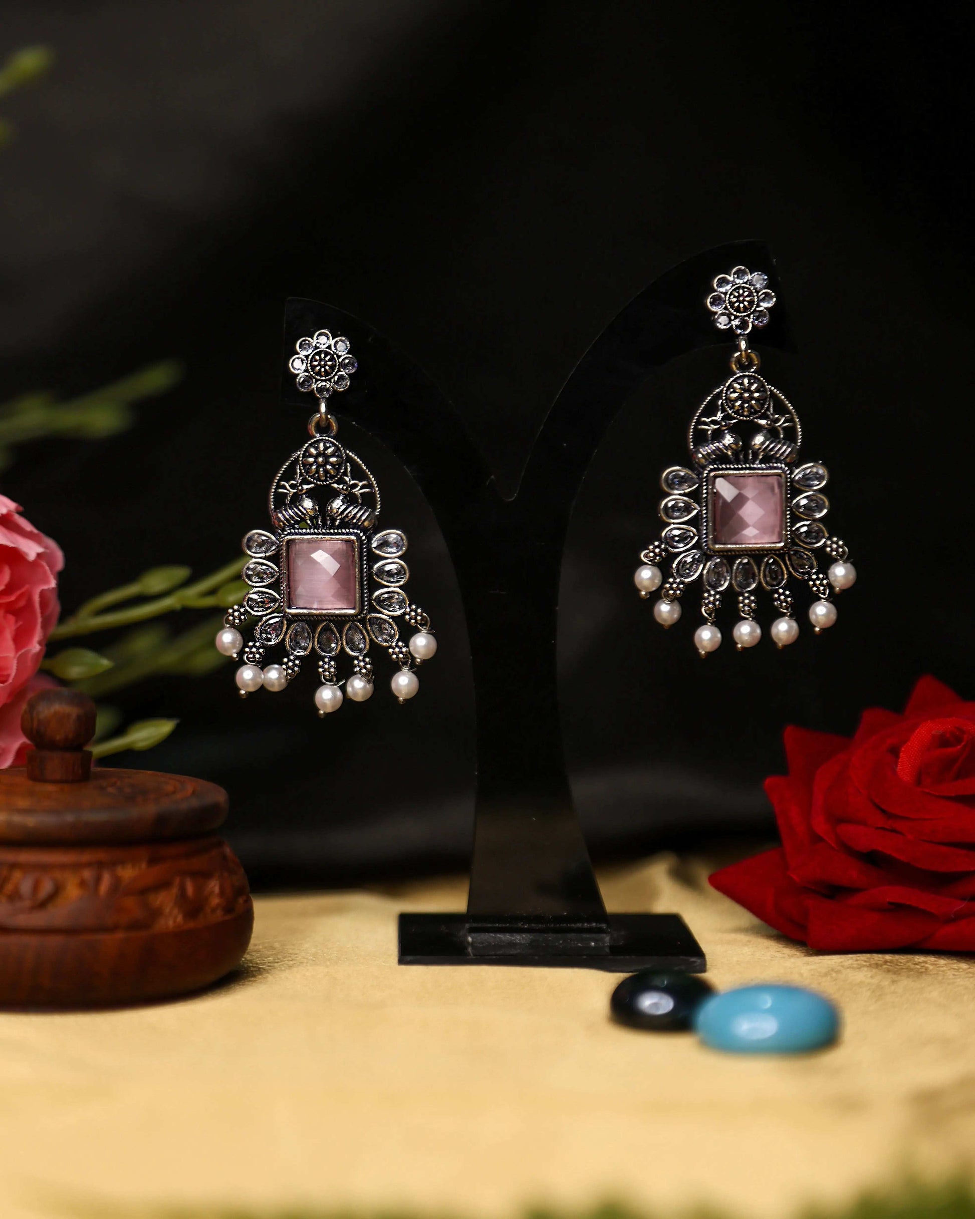 (TMOX001) Premium Oxidised Earrings with Heavy Stones - Tangamala Jewellery