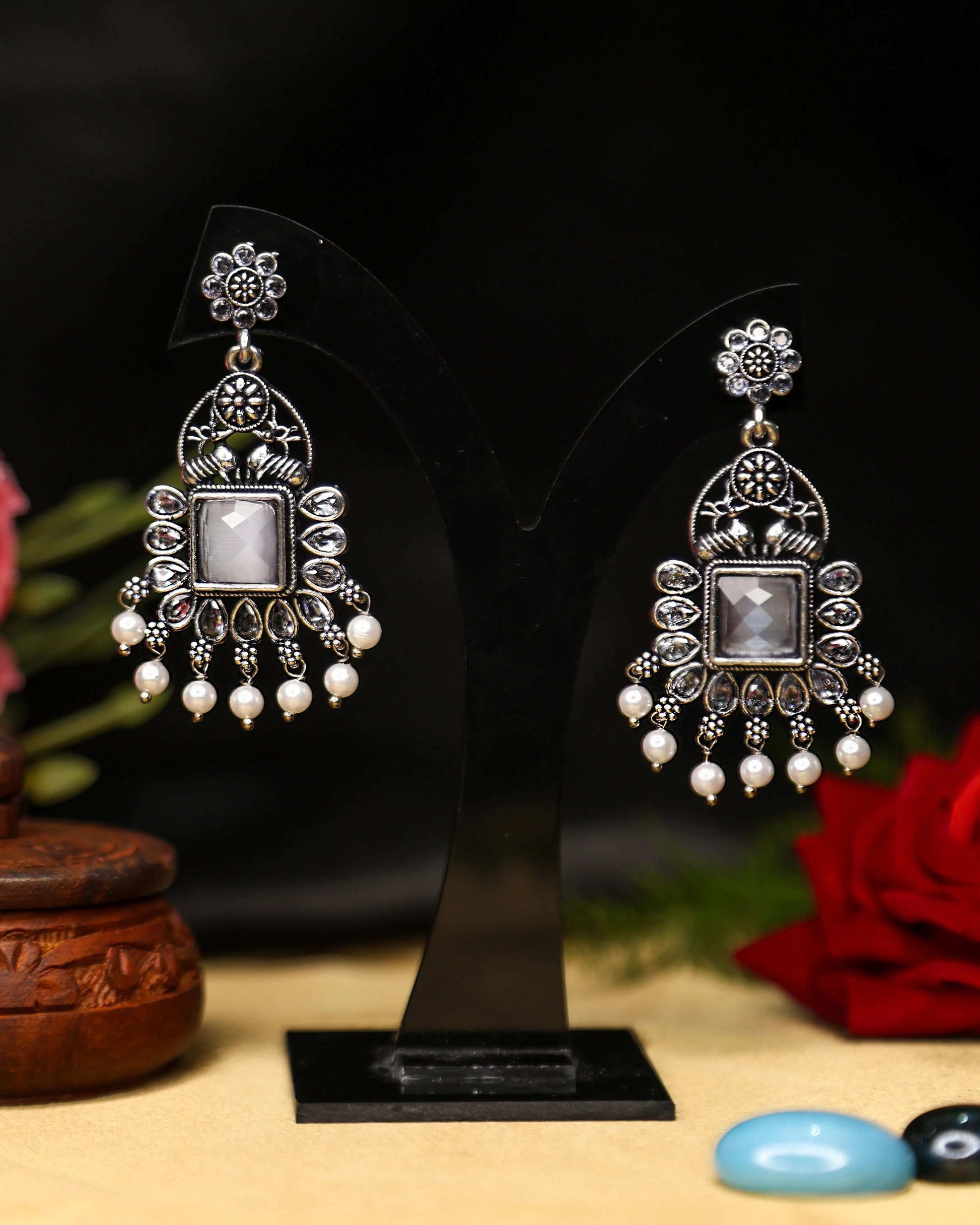 (TMOX001) Premium Oxidised Earrings with Heavy Stones - Tangamala Jewellery