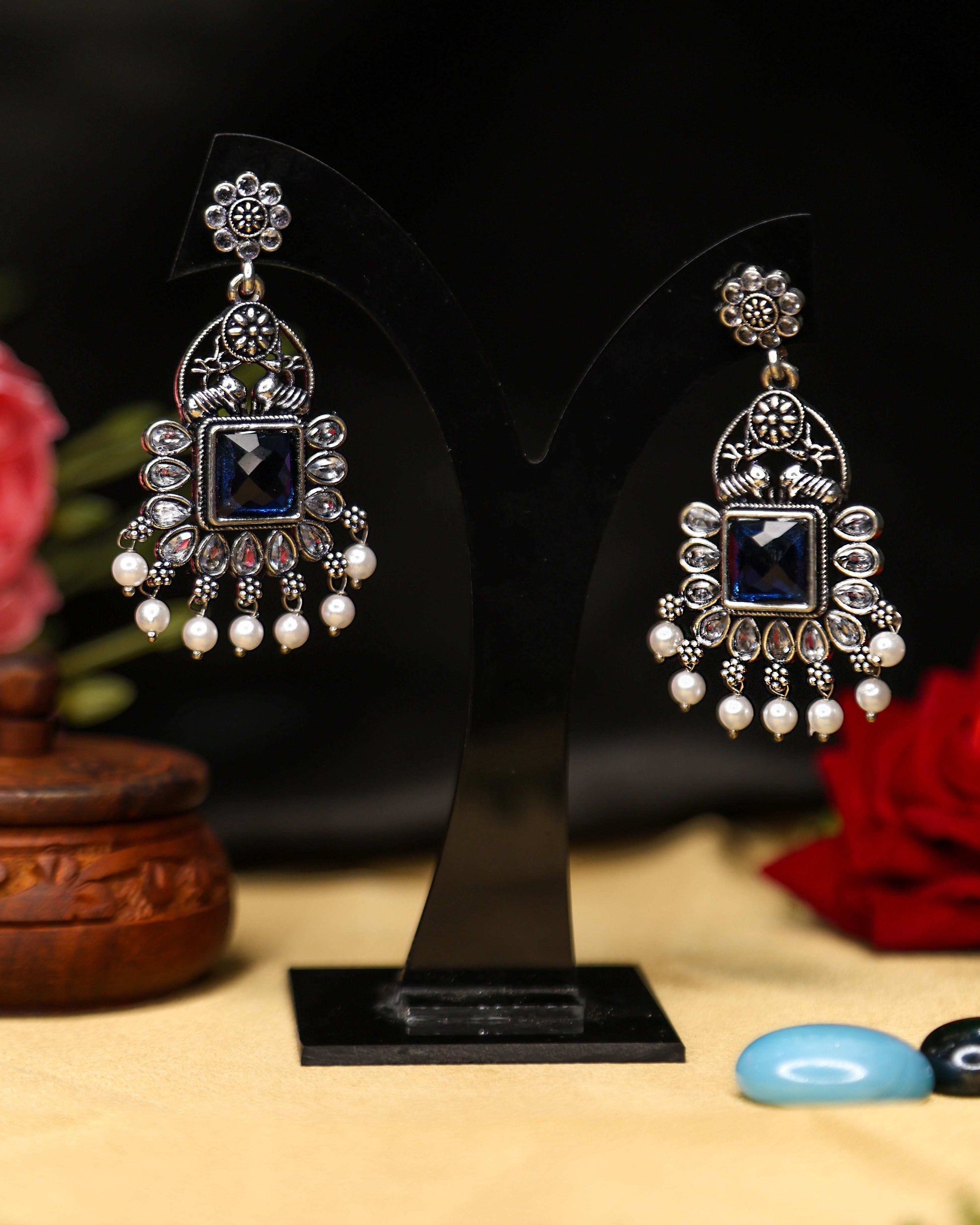 (TMOX001) Premium Oxidised Earrings with Heavy Stones - Tangamala Jewellery
