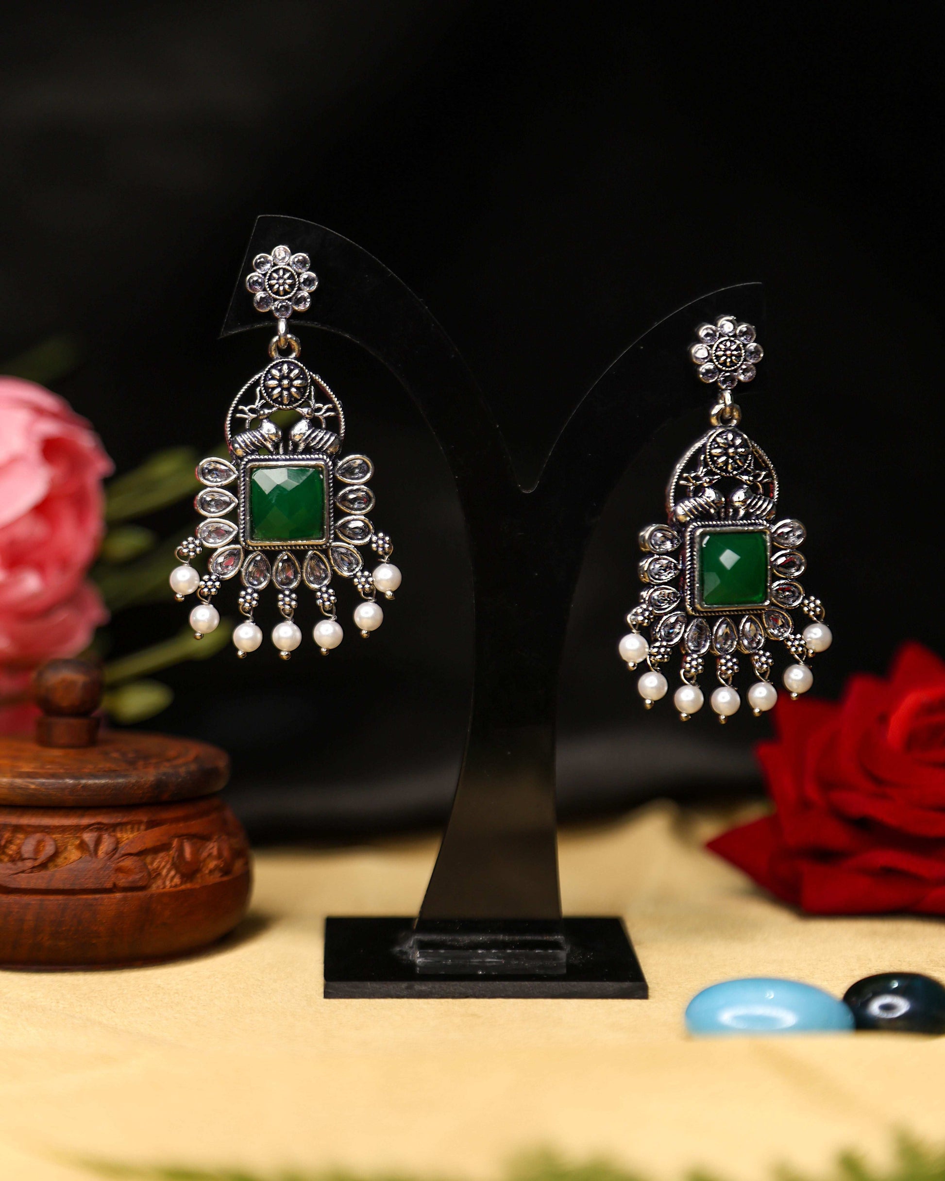 (TMOX001) Premium Oxidised Earrings with Heavy Stones - Tangamala Jewellery
