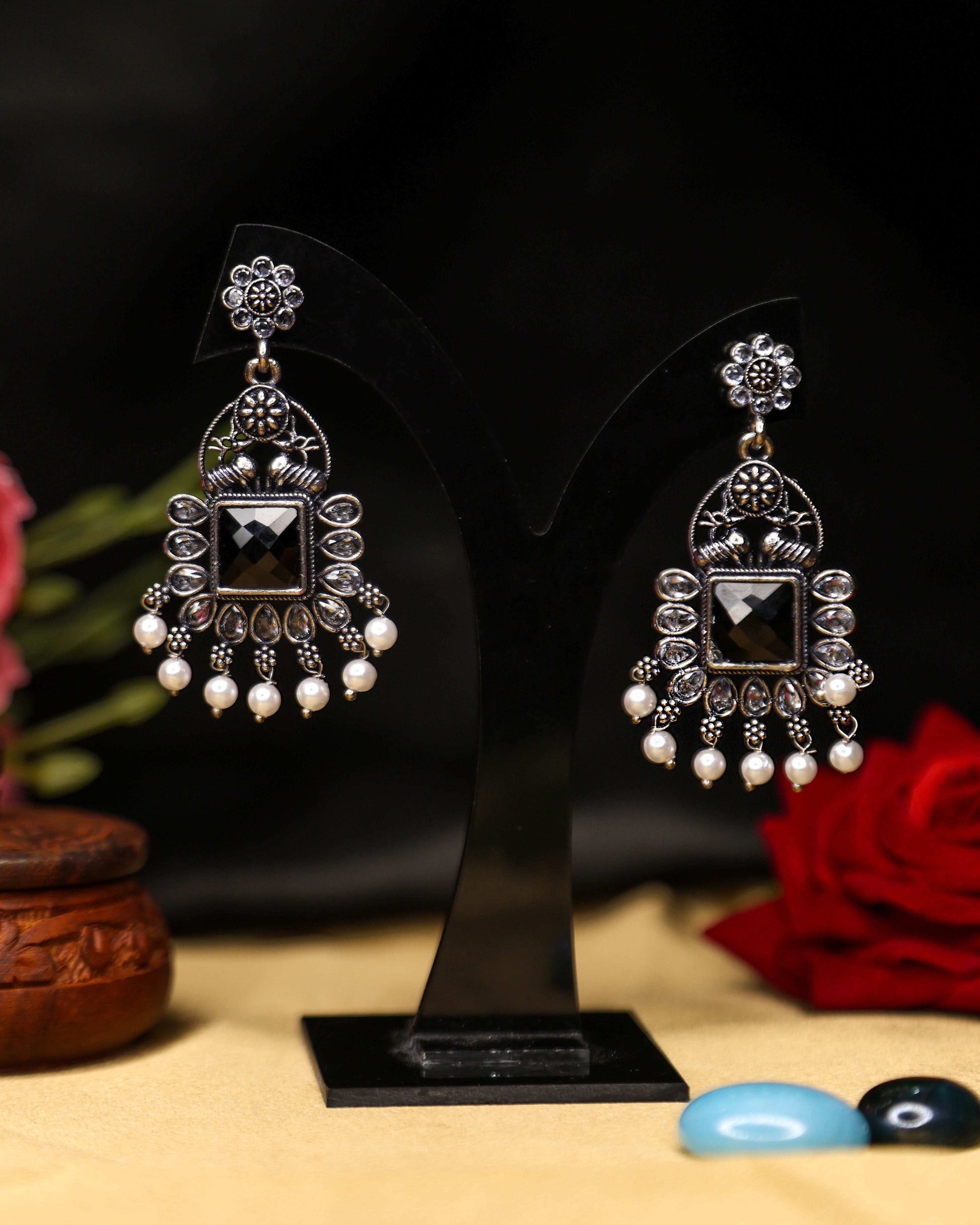 (TMOX001) Premium Oxidised Earrings with Heavy Stones - Tangamala Jewellery