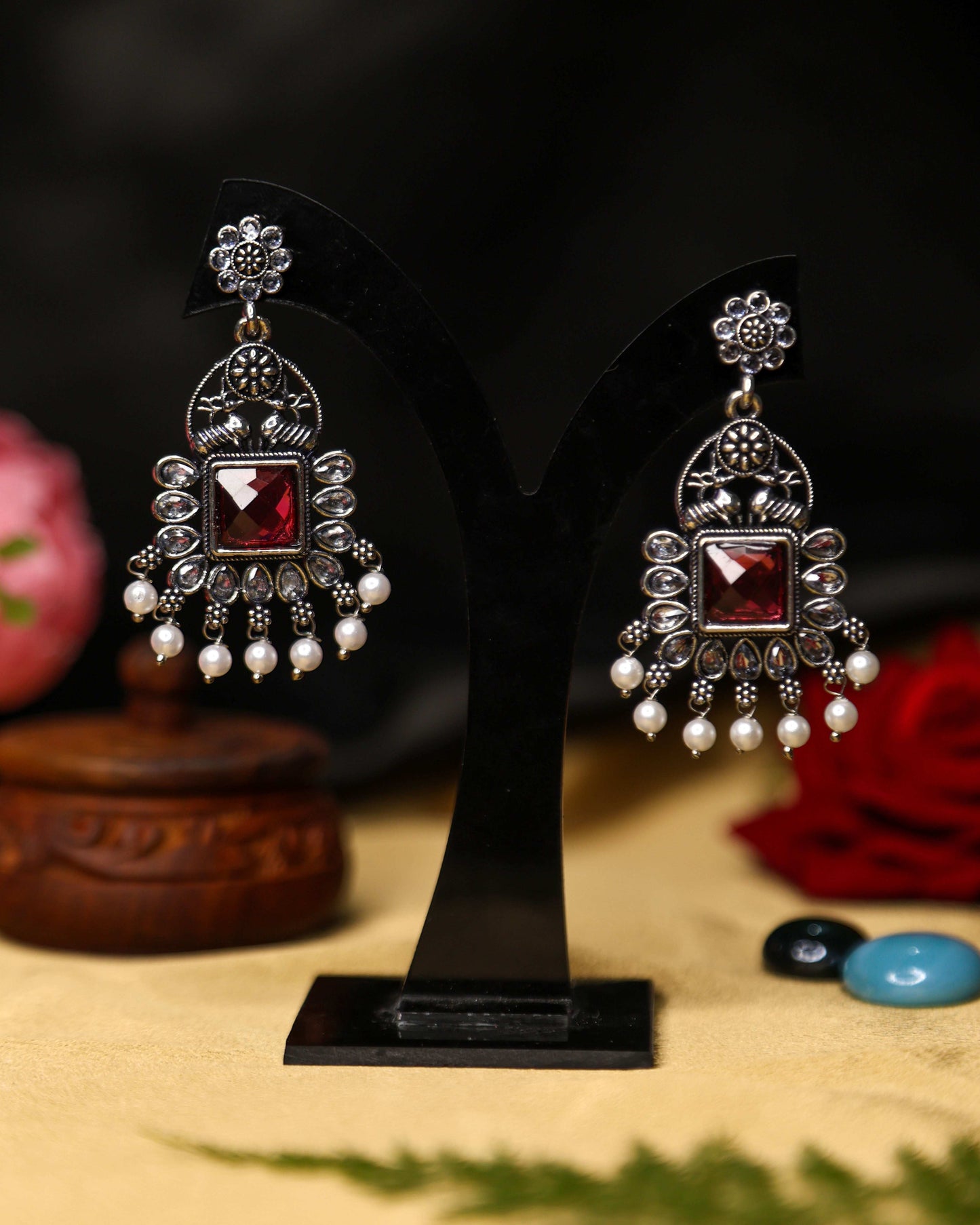 (TMOX001) Premium Oxidised Earrings with Heavy Stones - Tangamala Jewellery