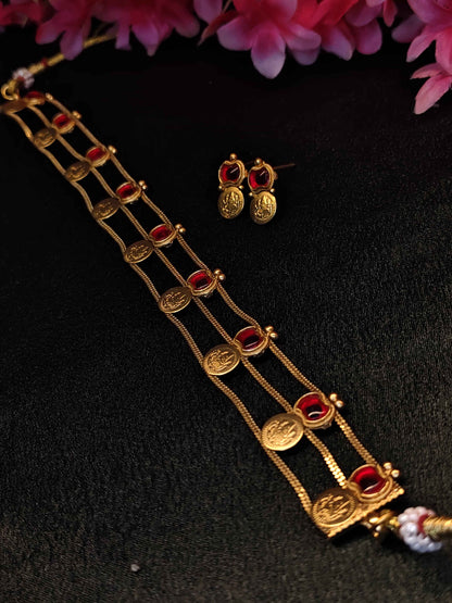 Layered Lekshmi Coin Ruby Choker with Earrings | TMCK005 | Tangamala
