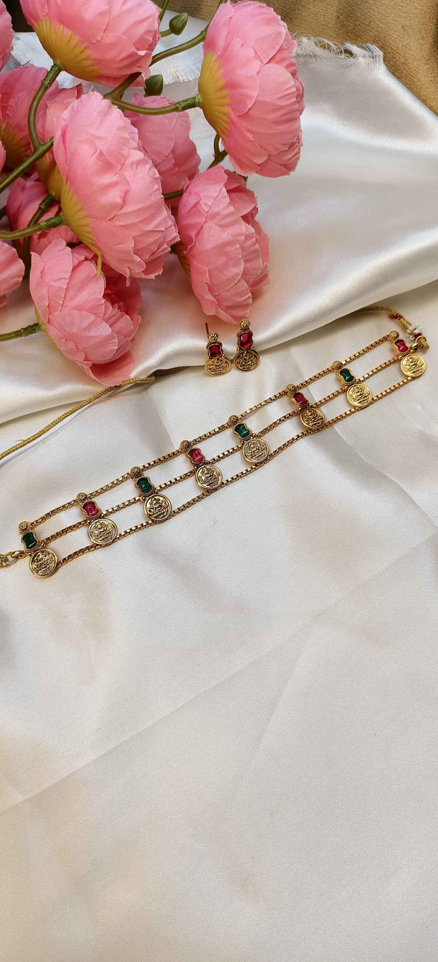 Layered Lekshmi coin multicolor choker with earrings | TMCK001 | Tangamala Jewellery