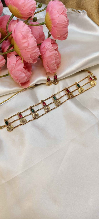 Layered Lekshmi coin multicolor choker with earrings | TMCK001 | Tangamala Jewellery