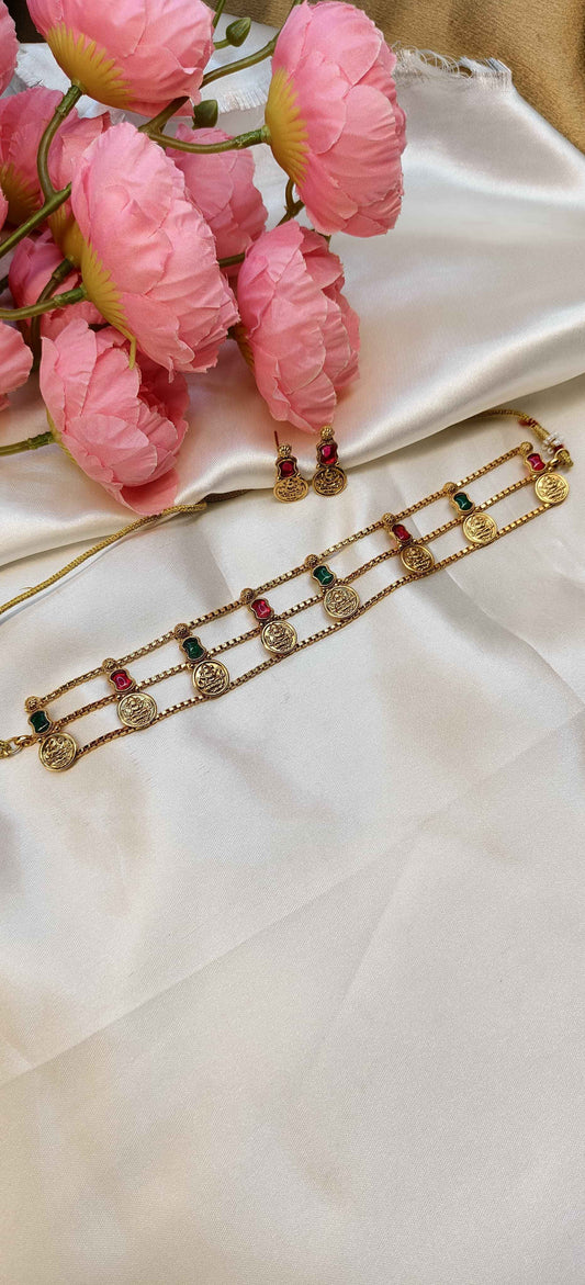 Layered Lekshmi coin multicolor choker with earrings | TMCK001 | Tangamala Jewellery