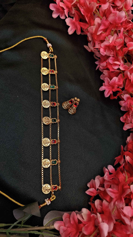 Layered Lekshmi coin multicolor choker with earrings | TMCK001 | Tangamala Jewellery