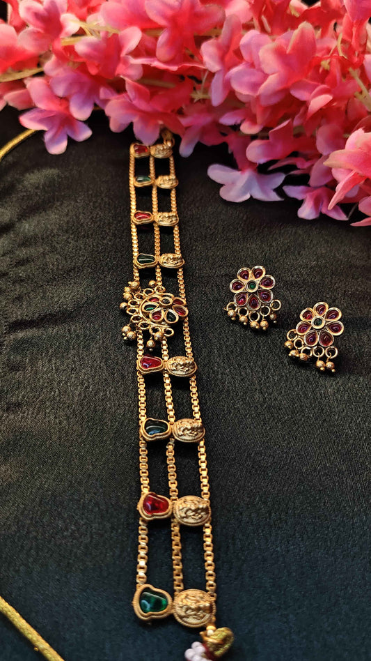 Layered Lekshmi Ruby Stone Choker with Earrings | TMCK004 | Tangamala